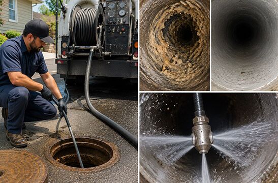 Matt feeds a hose into a street manhole for sewer cleaning in Pleasant Hill, CA, using a high-pressure jet nozzle to clear pipe buildup